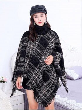 Loose Neck Poncho W/ Big Plaid